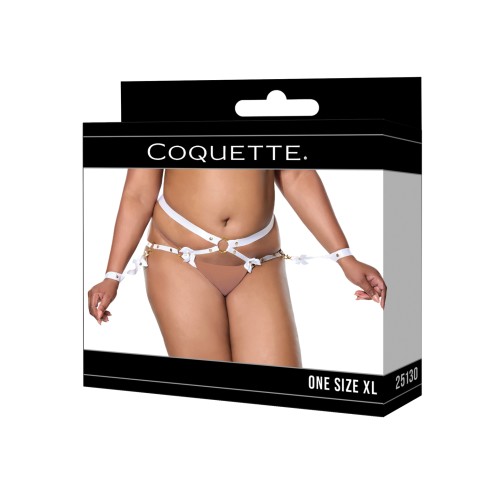 Satin Ribbon Elastic Harness & Cuffs Set - White/Gold