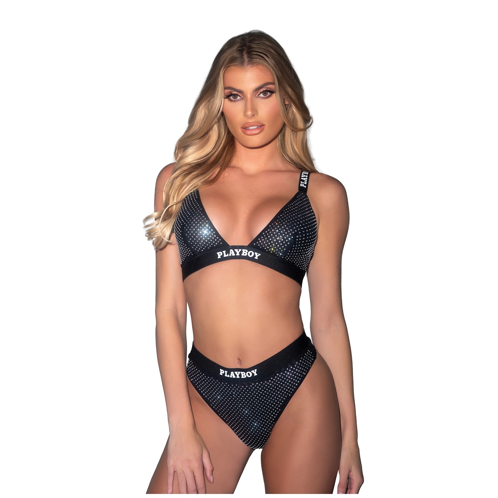 Playboy Disco Fever Rhinestone Bralette & Thong Set - Black SM