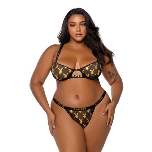 Playboy Gold Foil Mesh & Satin Bralette with Thong Set - Black/Gold