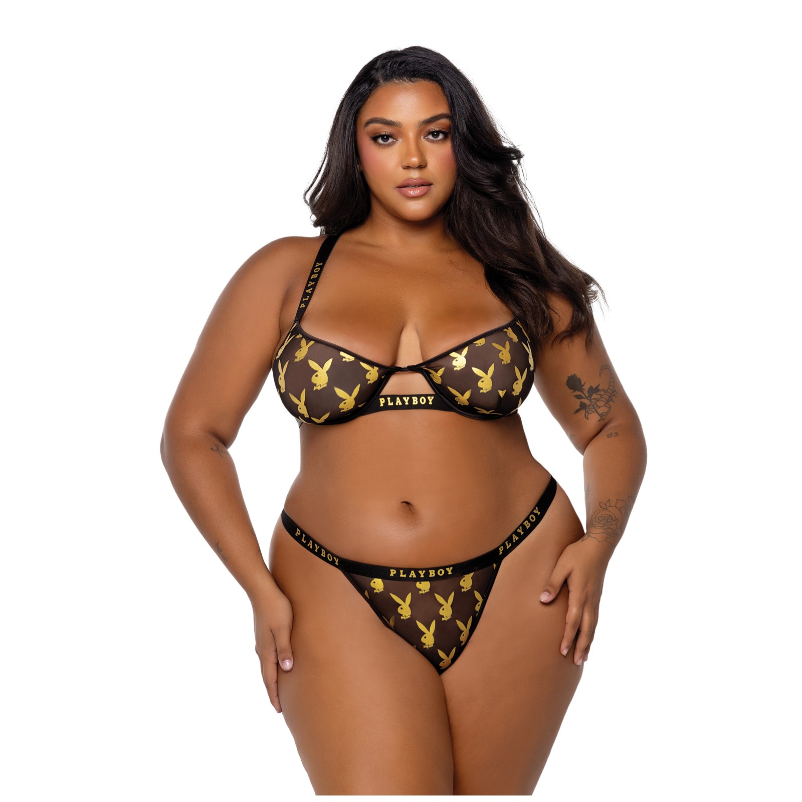 Playboy Gold Foil Mesh Bralette and Thong Set - Black Gold