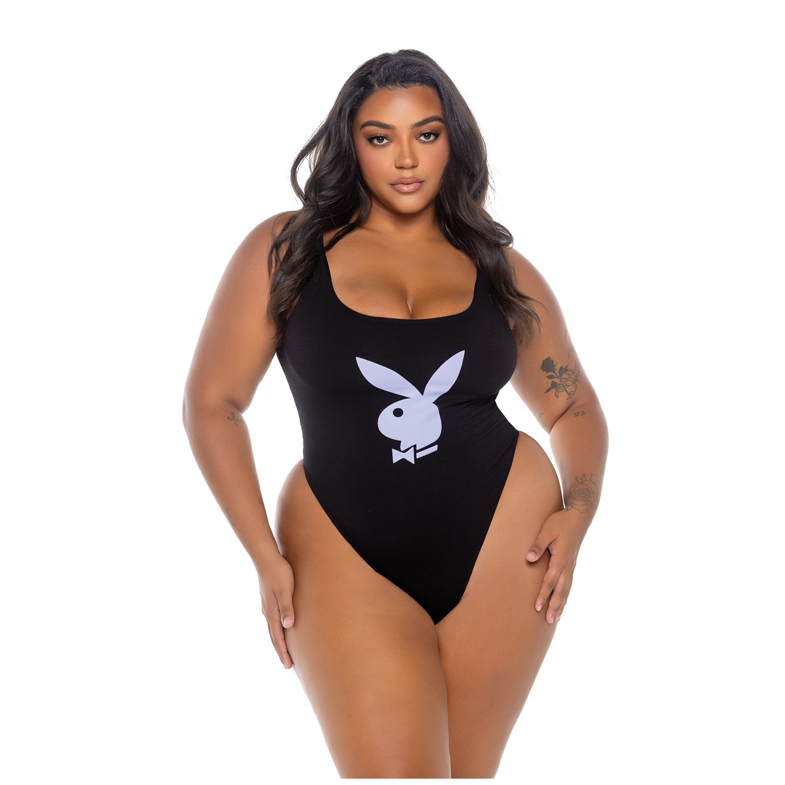 Playboy Scoop Neck Teddy with Thong Back & Bunny Logo - Black/Lavender 1X