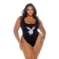 Playboy Scoop Neck Teddy with Thong Back & Bunny Logo - Black/Lavender 1X