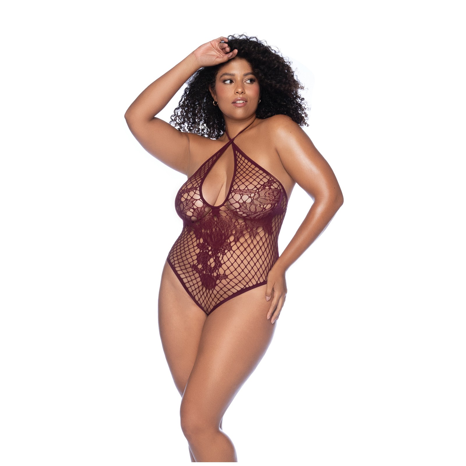 Floral Convertible Top Fishnet Bodysuit Burgundy QN