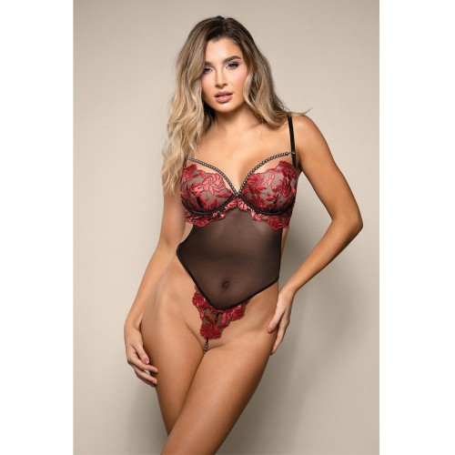 Opulence Embroidered Underwire Open Crotch Teddy Red