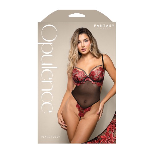 Opulence Embroidered Underwire Open Crotch Teddy Red