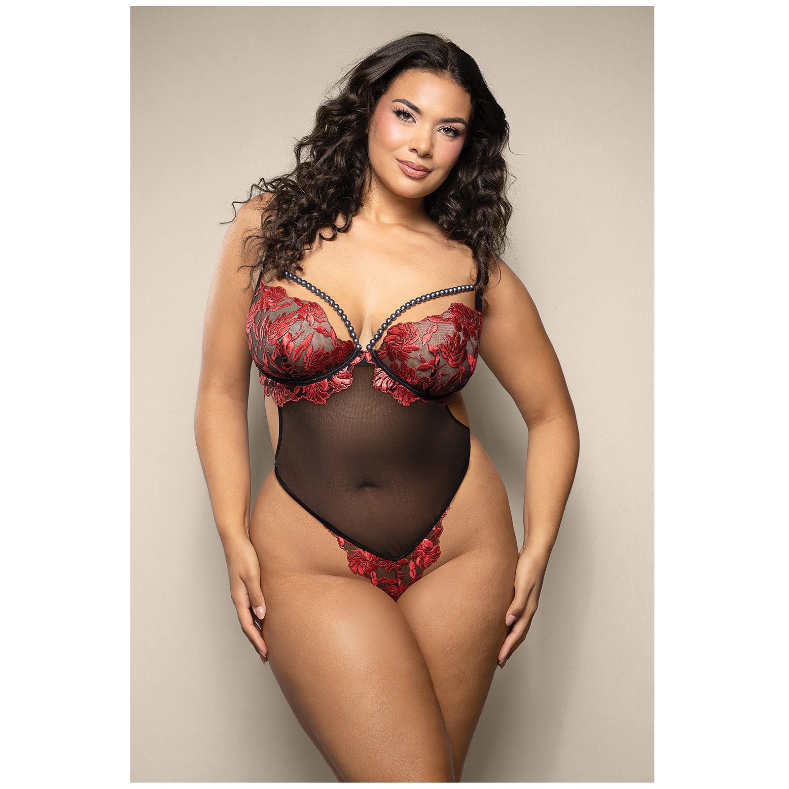 Embroidered Underwire Open Crotch Teddy Pearl Detail Red QN