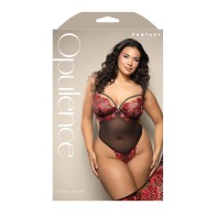 Embroidered Underwire Open Crotch Teddy Pearl Detail Red QN