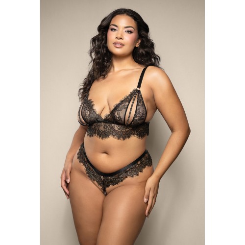 Bralette de Encaje de Pestañas Panty Cuerda de Perlas Negro QN