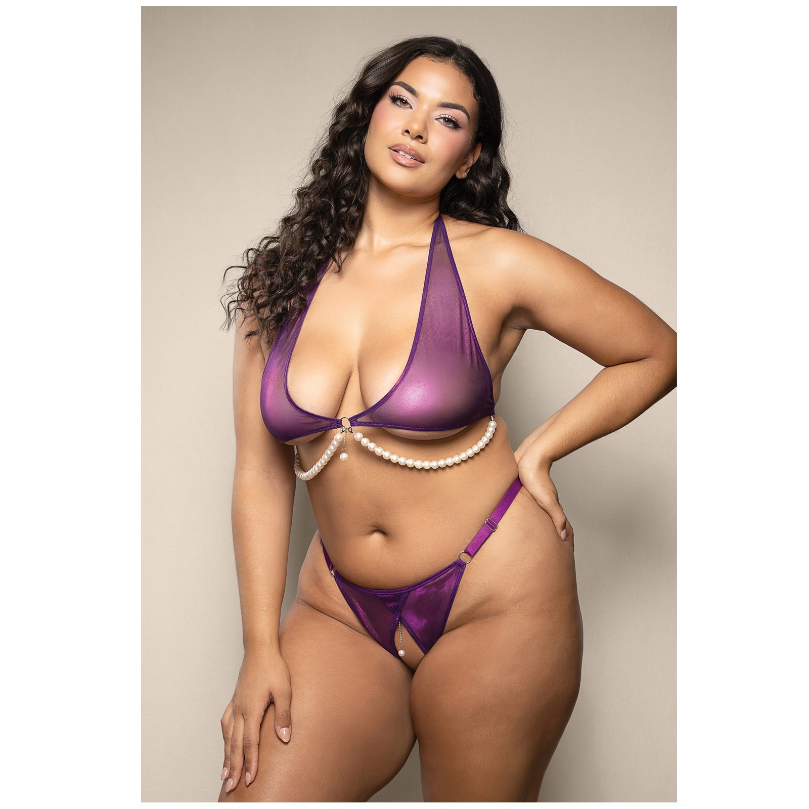 Shimmer Mesh Halter Top Panty Pearl Details Purple QN