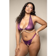 Shimmer Mesh Halter Top Panty Pearl Details Purple QN