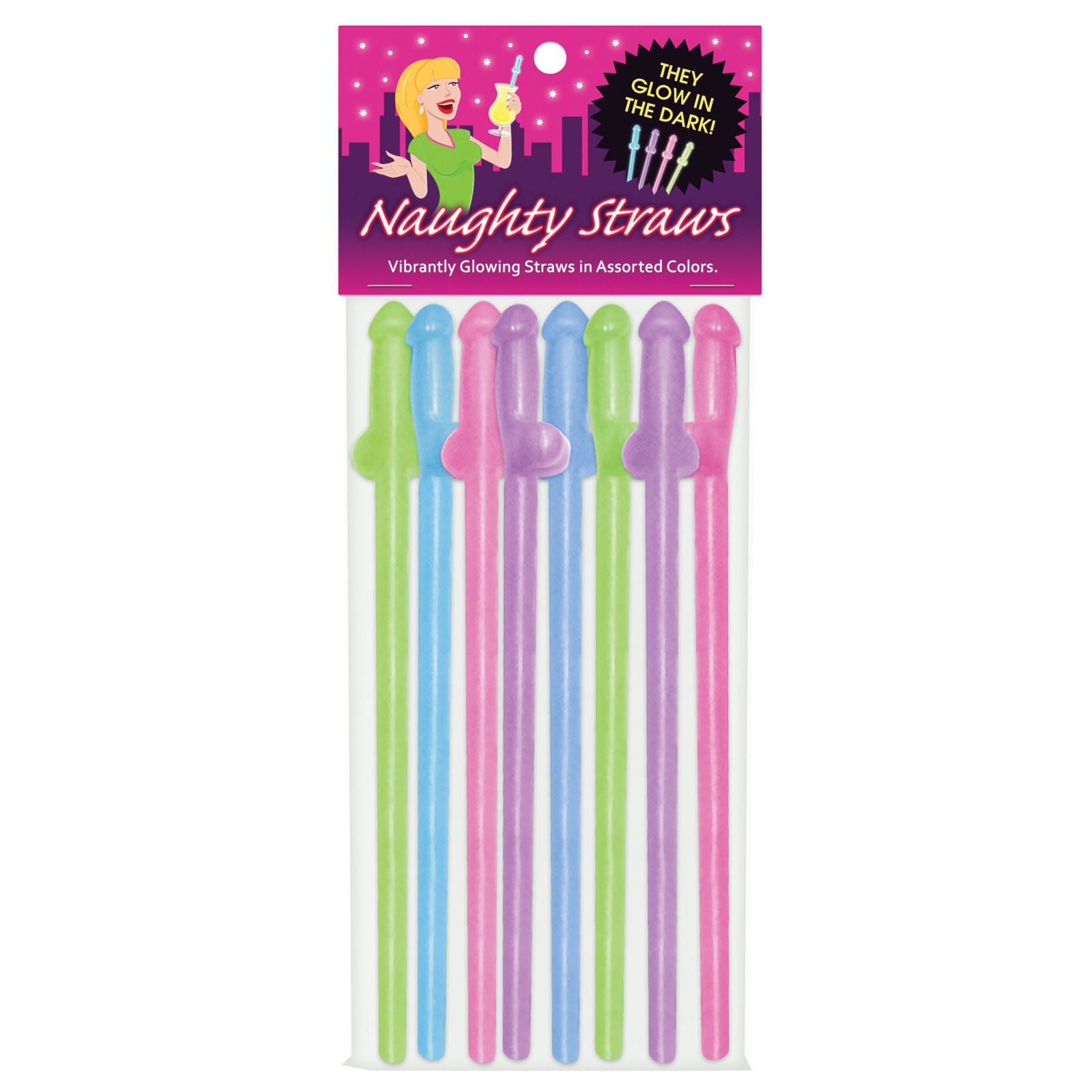 Glow in the Dark Penis Straws - Asst. Colors Pack of 8