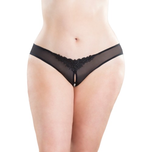 Crotchless Pearl Thong Black O/S