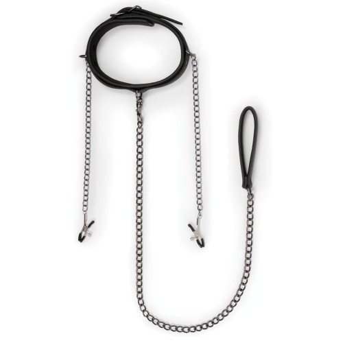 Collar de Cuero Sintético con Cadenas para Pezones - Negro