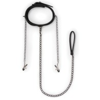 Easy Toys Faux Leather Collar with Nipple Chains - Black