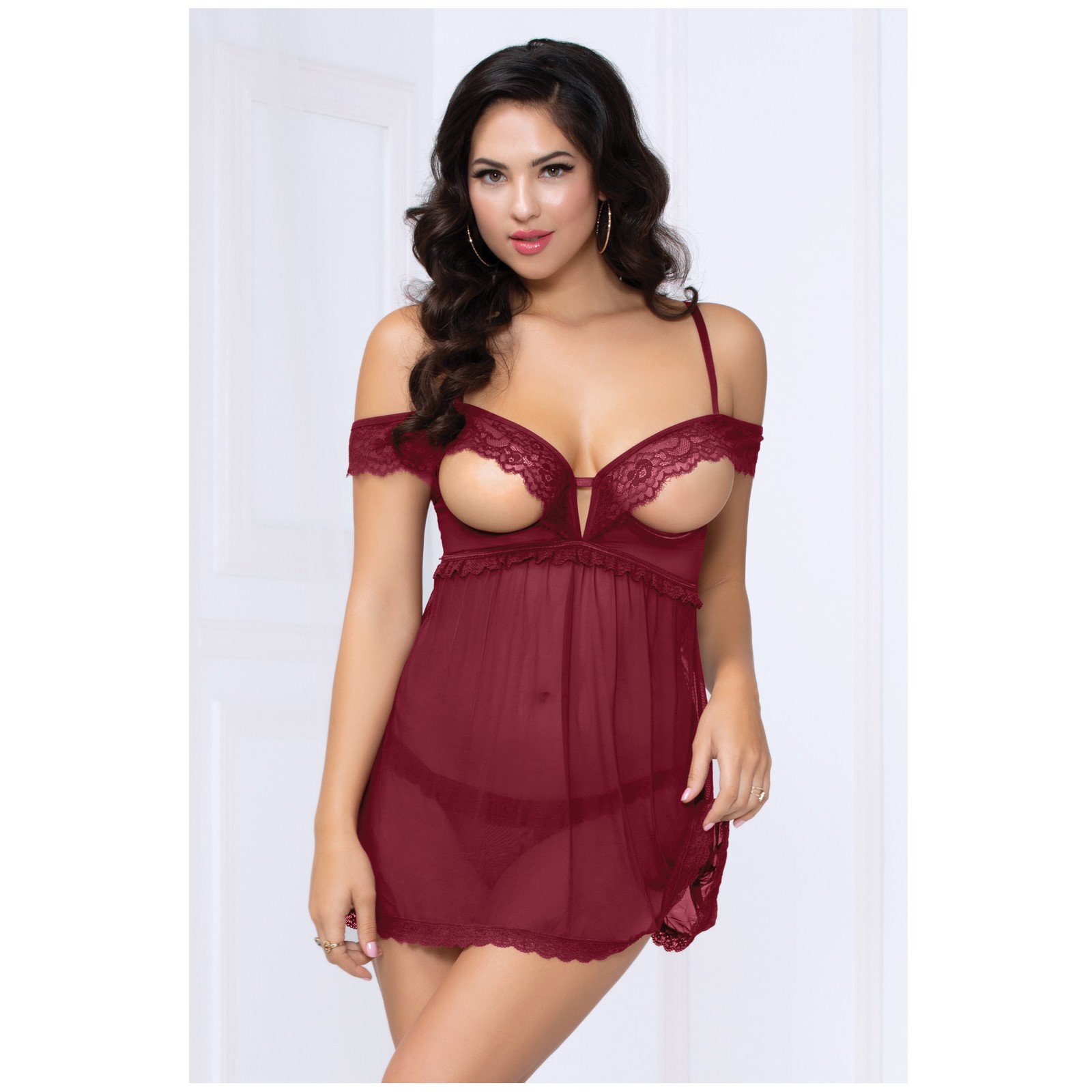 Lace Mesh Open Cups Babydoll Panty Wine SM