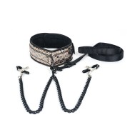 Spartacus Faux Leather Collar Leash Nipple Clamps Black