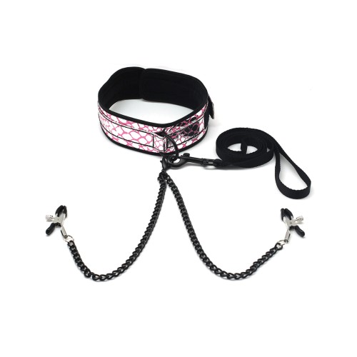 Spartacus Faux Leather Collar and Leash with Nipple Clamps Pink