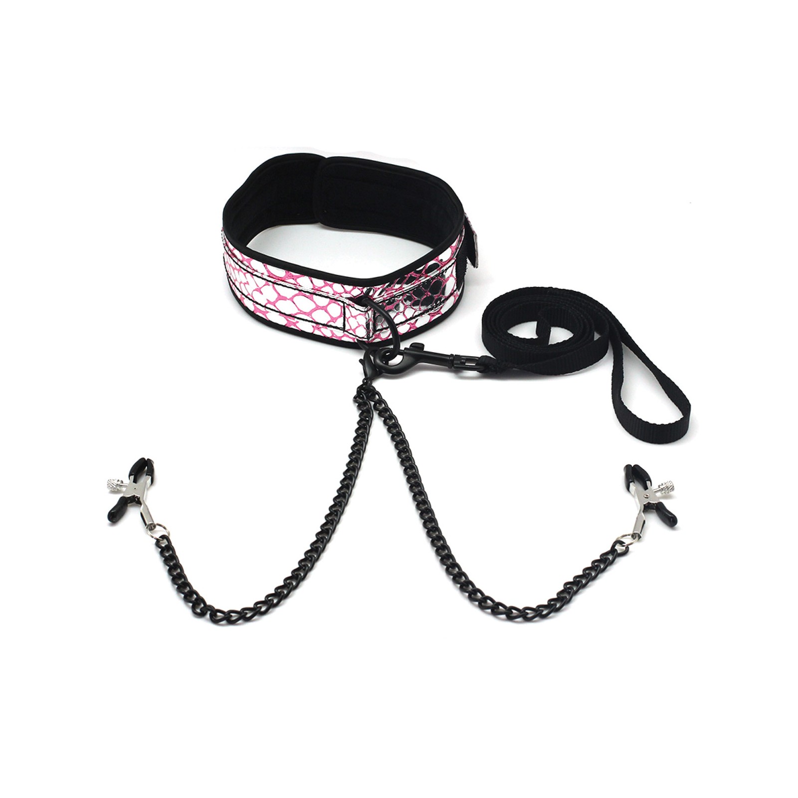 Spartacus Faux Leather Collar and Leash with Nipple Clamps Pink