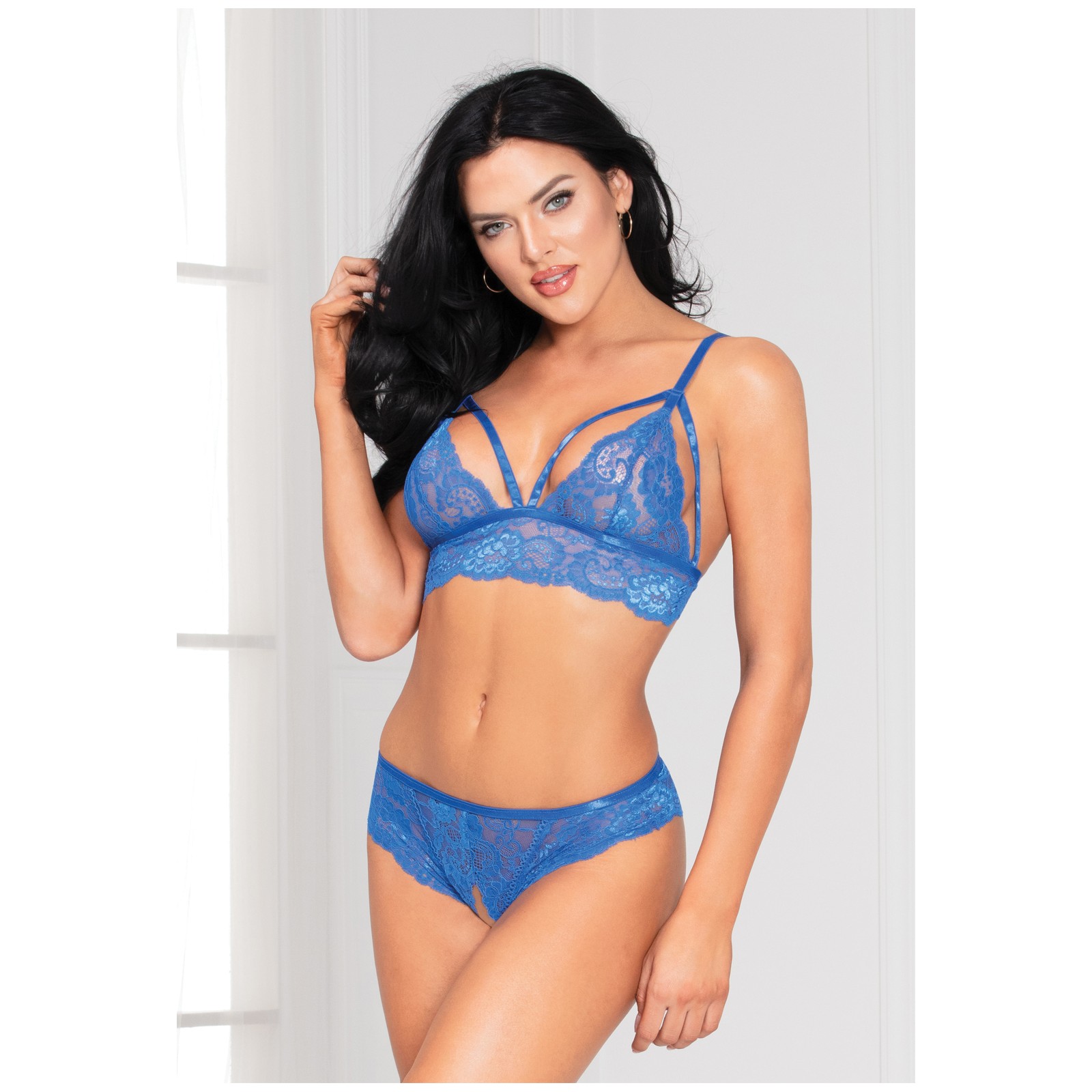 Conjunto de Sujetador de Encaje Azul y Panty Abierto