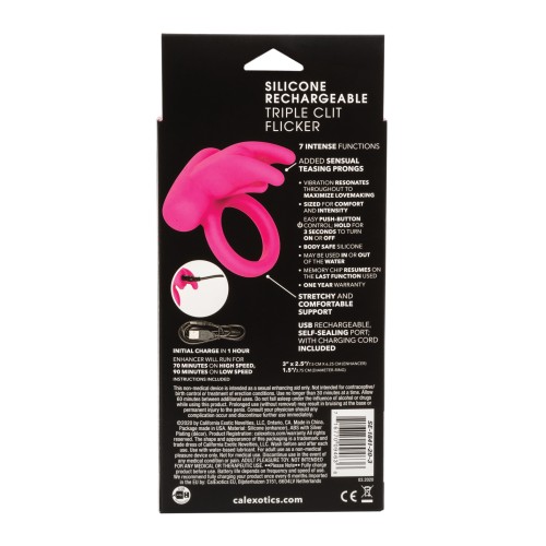 Flicker Clitoral Triple de Silicona Recargable - Rosa