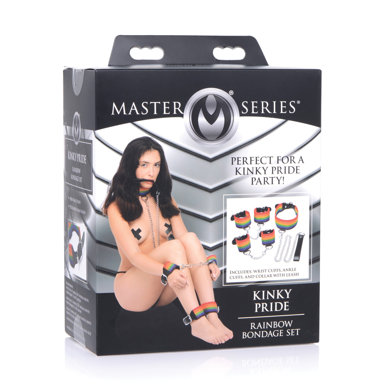 Set de Bondage Kinky Pride Arcoíris - Esposas para Muñecas Tobillos Collar con Correa