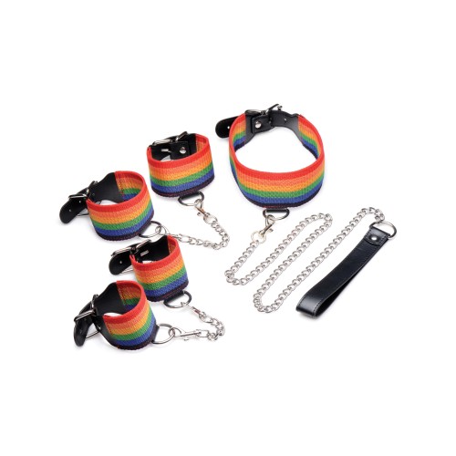 Set de Bondage Kinky Pride Arcoíris - Esposas para Muñecas Tobillos Collar con Correa