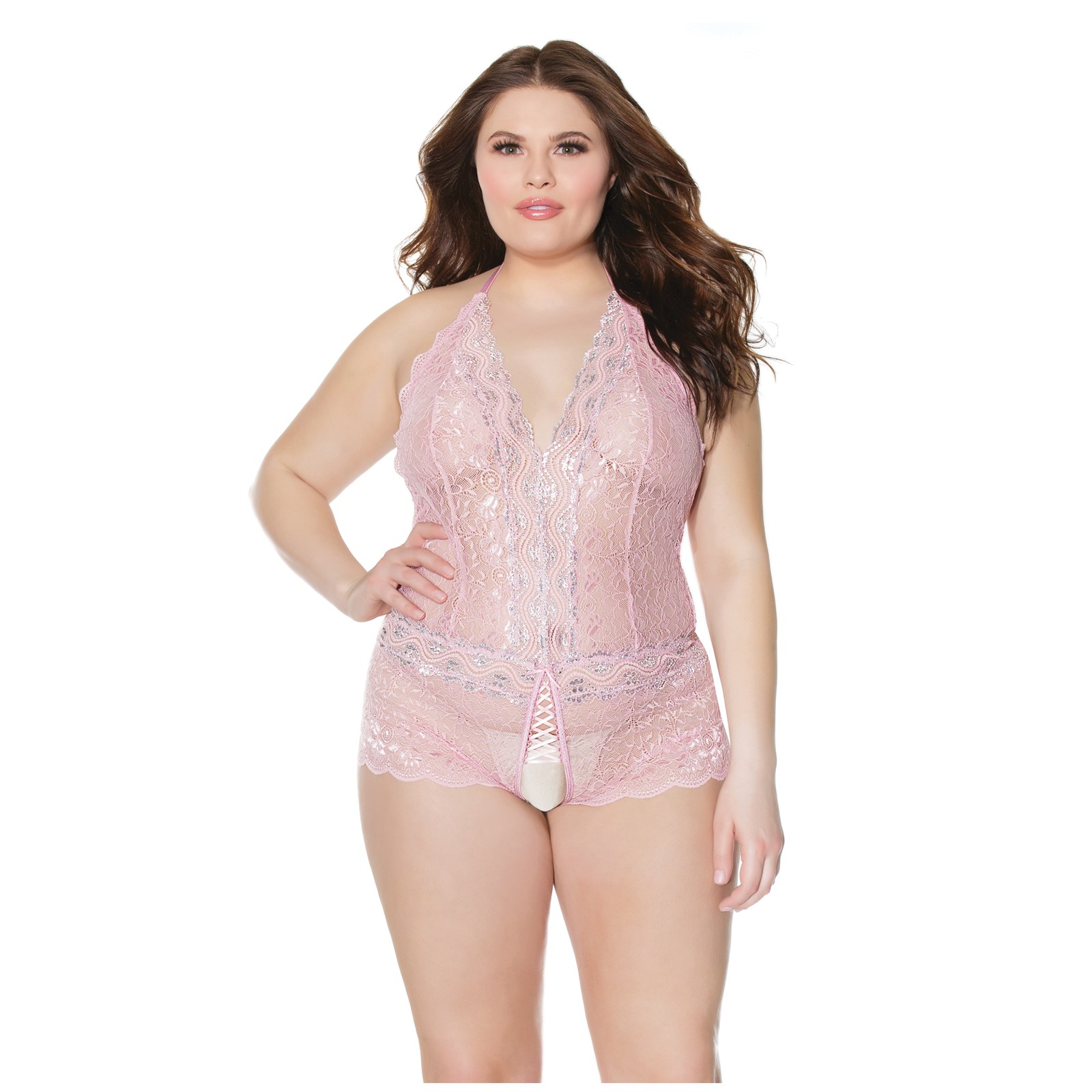 Teddy Crotchless Halter Rosa Crystal para Seducción Total