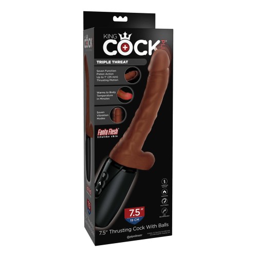 Dildo King Cock Plus que Efectúa, Calienta y Vibra 7.5" Triple Amenaza - Marrón