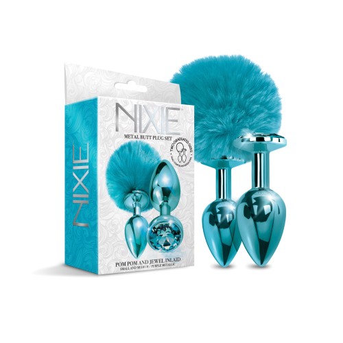 Nixie Metal Butt Plug Set with Jewel and Pom Pom - Blue Metallic