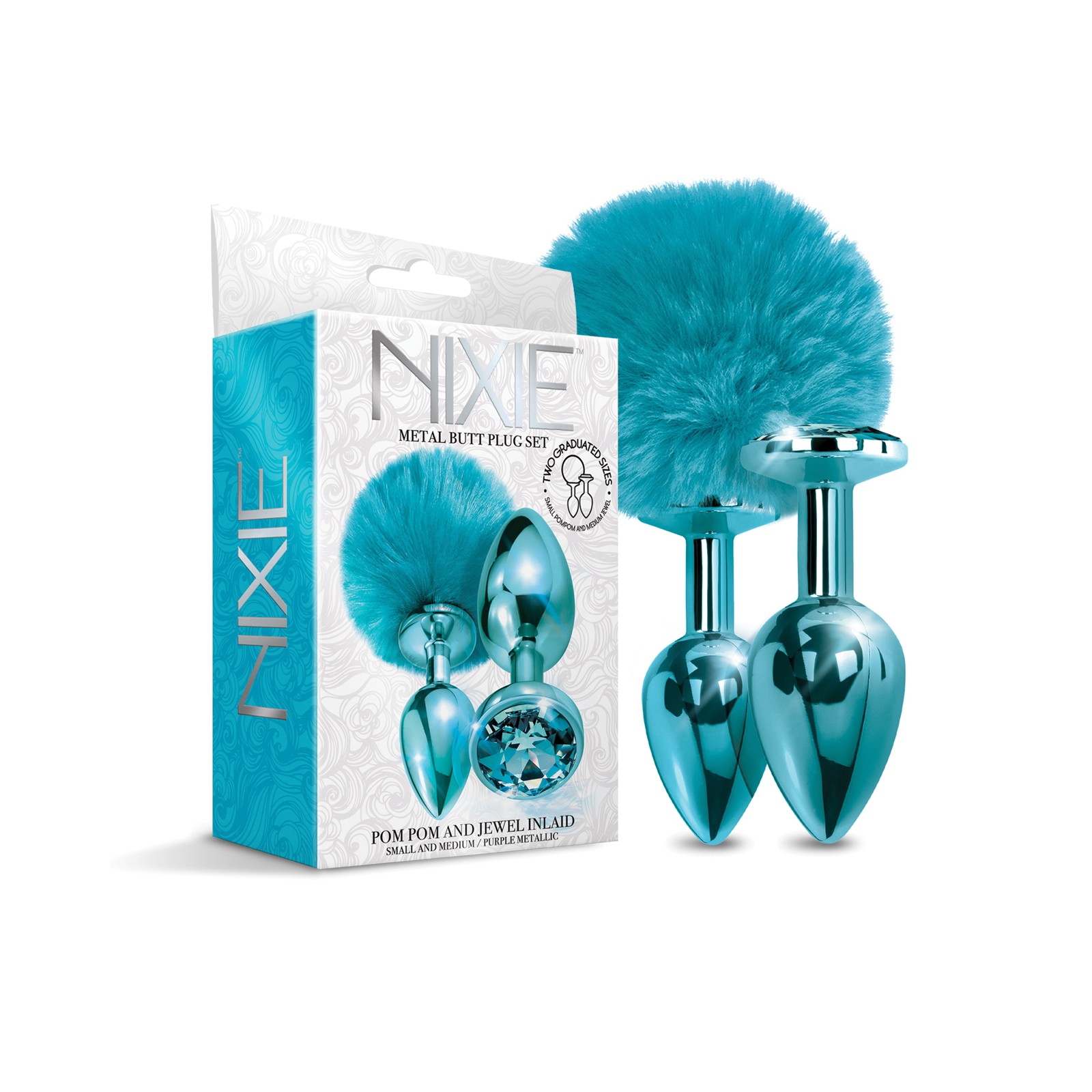 Nixie Metal Butt Plug Set with Jewel and Pom Pom - Blue Metallic