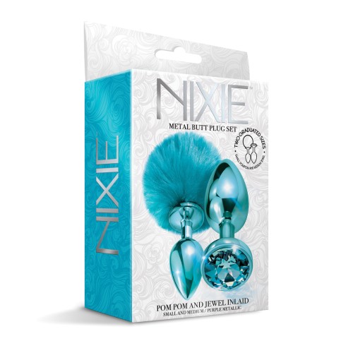 Nixie Metal Butt Plug Set with Jewel and Pom Pom - Blue Metallic