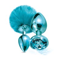 Nixie Metal Butt Plug Set with Jewel and Pom Pom - Blue Metallic