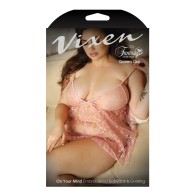 Babydoll Bordado Vixen y Tanga Rosa Claro QN