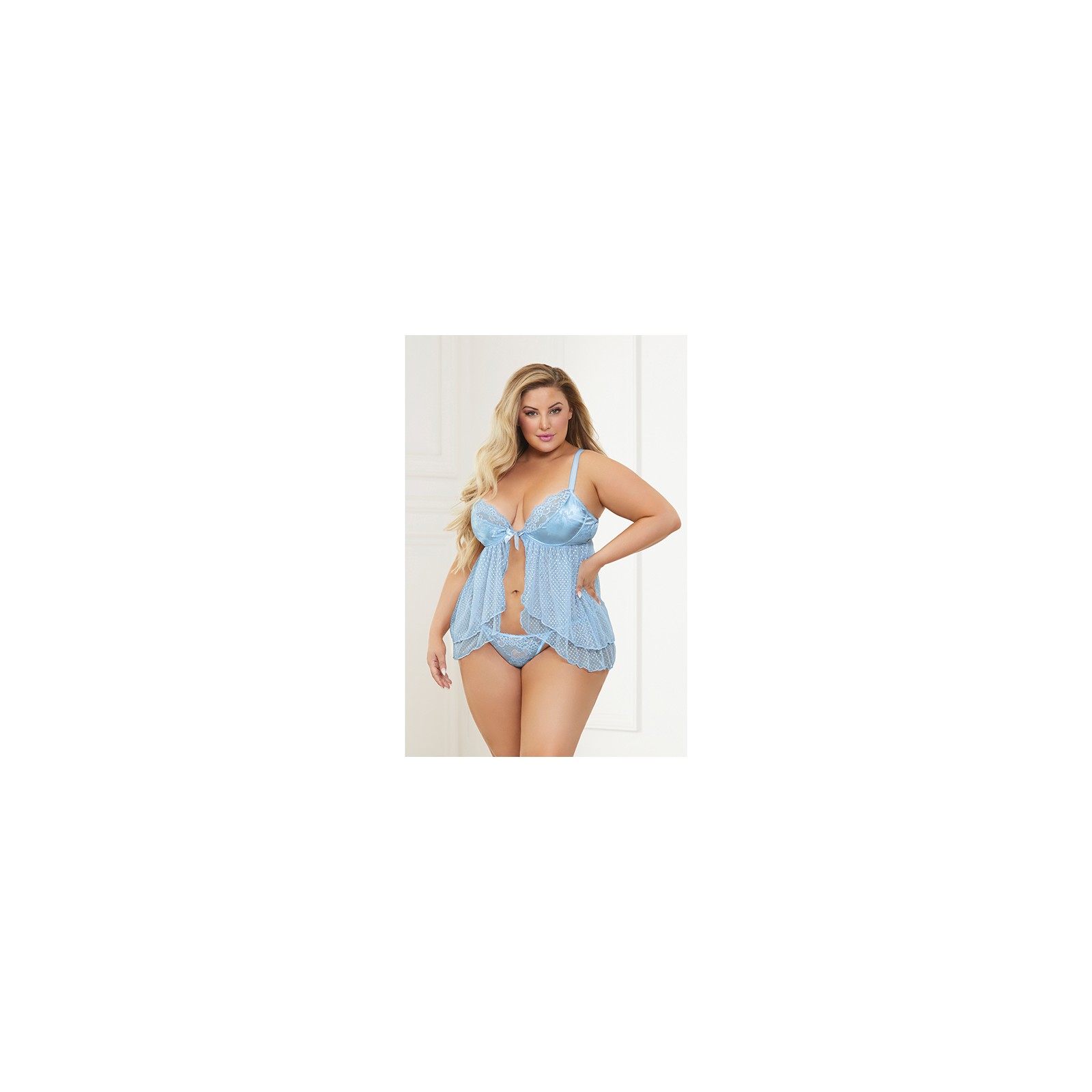 Satin Jacquard Dot Mesh Babydoll & G-String Set - Blue 1X/2X