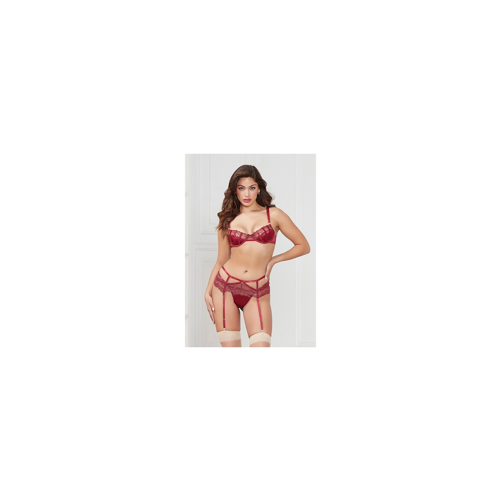 Stretch Satin & Lace Balconette Set - Wine XL