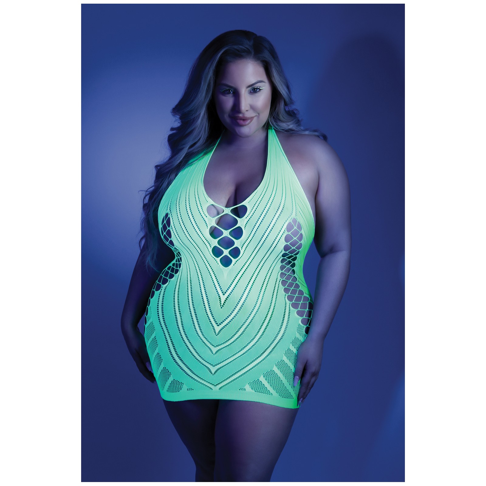 Glow Black Light Net Halter Dress Neon Green QN