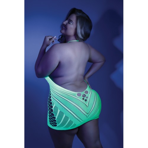 Glow Black Light Net Halter Dress Neon Green QN