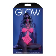 Glow Black Light Halter Bodysuit in Neon Pink