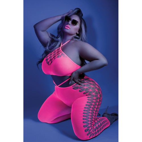 Bodystocking Halter Rosa Neón que Brilla en la Oscuridad