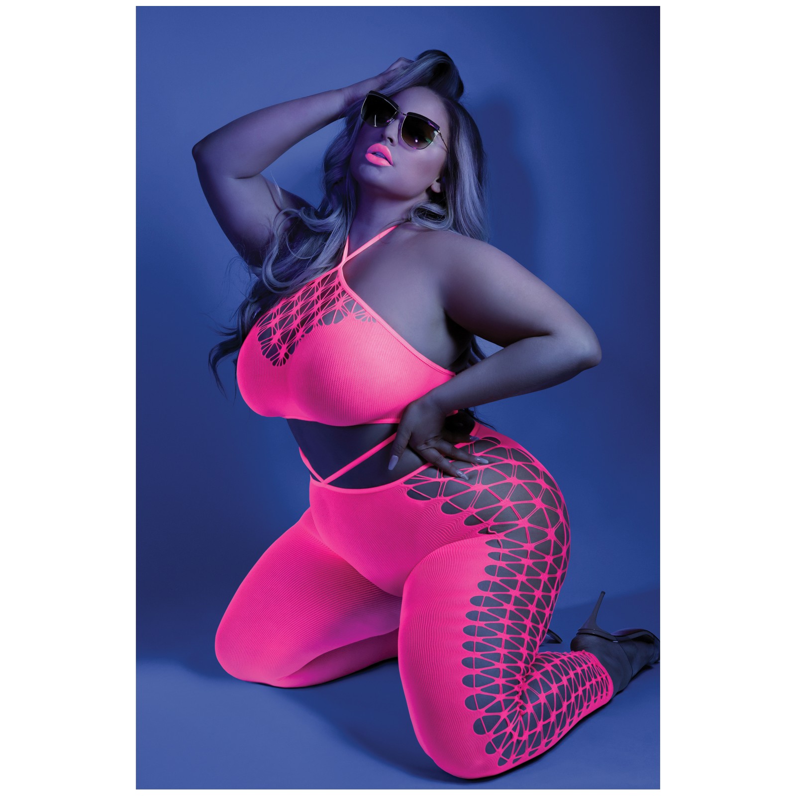 Neon Pink Glow Black Light Halter Bodystocking