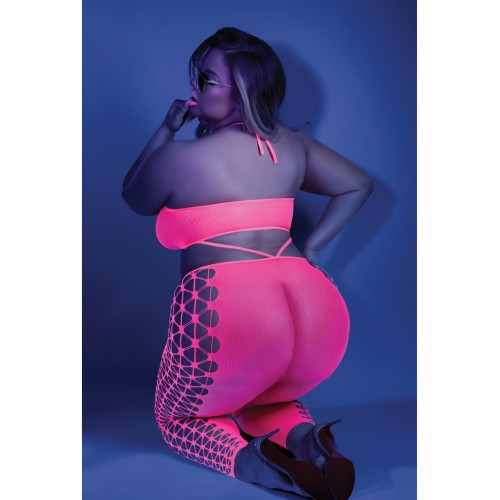 Neon Pink Glow Black Light Halter Bodystocking