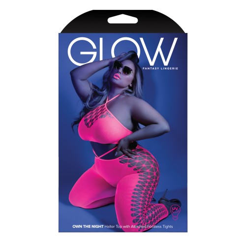 Neon Pink Glow Black Light Halter Bodystocking