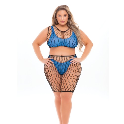 Conjunto Fishnet Pink Lipstick Brace for Impact Azul Neón Talla Grande