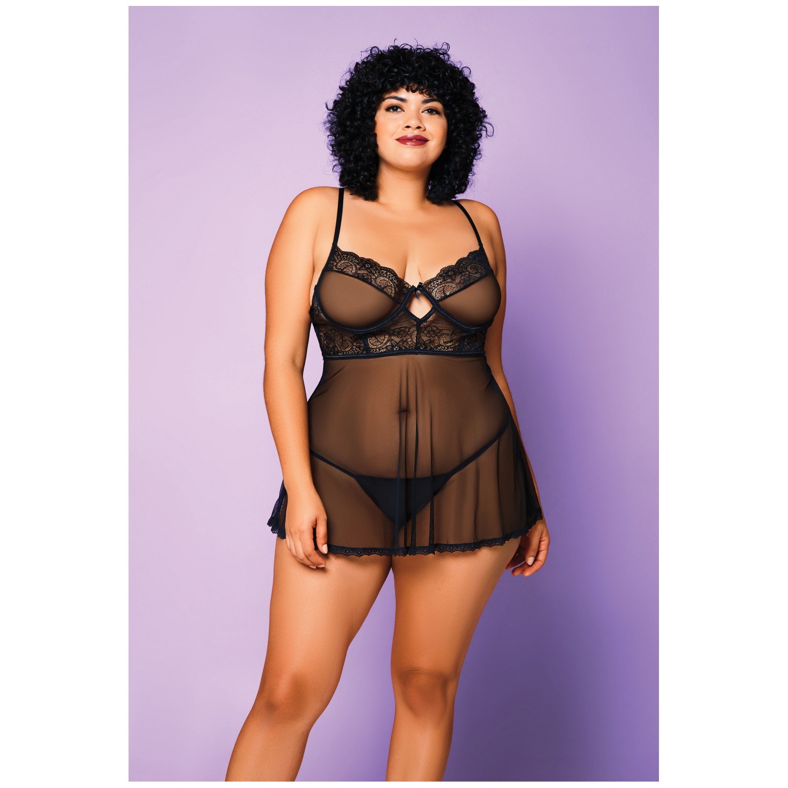 Babydoll de Malla Suave y Tanga - Negro