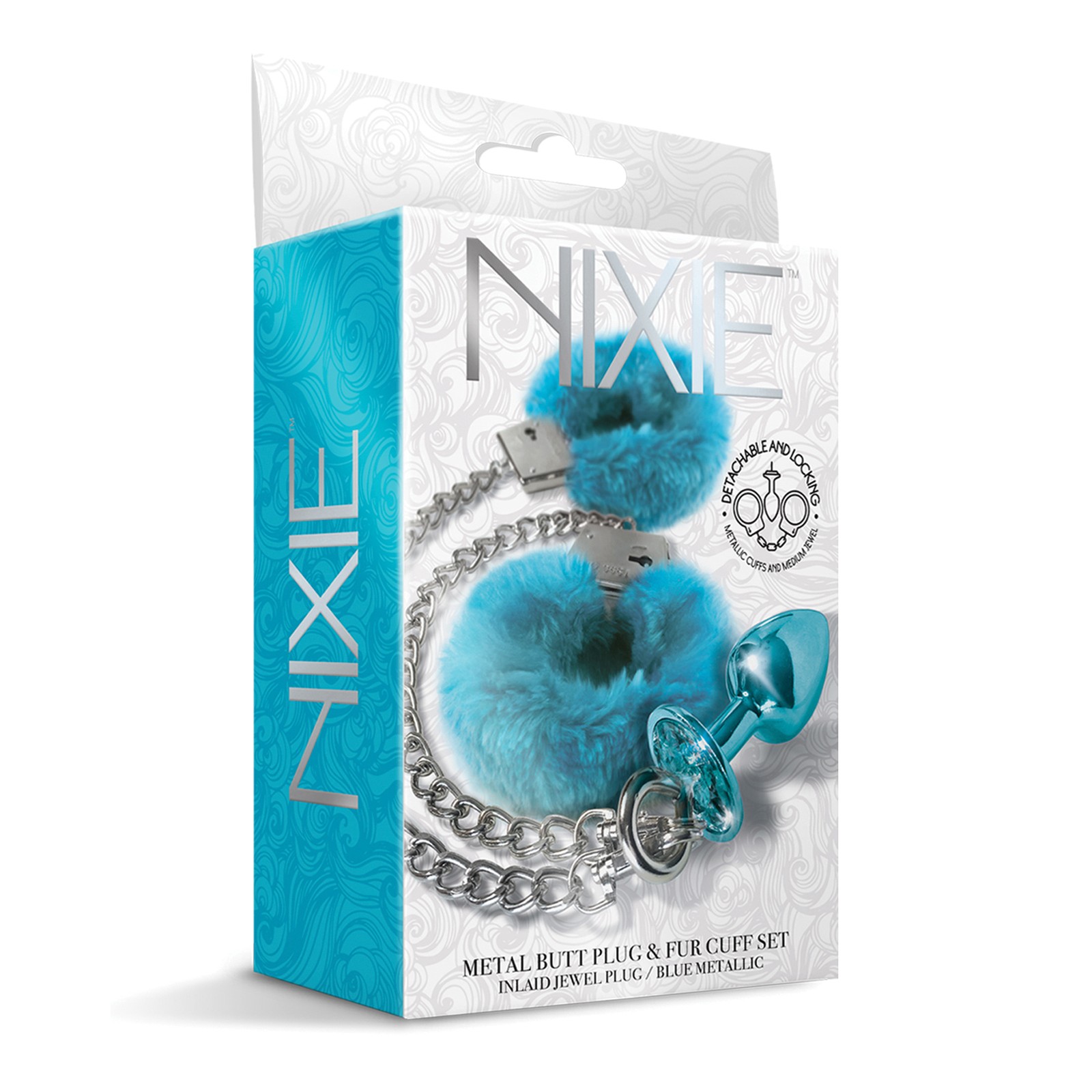 Plug Anal Metal Nixie con Joya y Juego de Puños de Piel - Azul Metálico