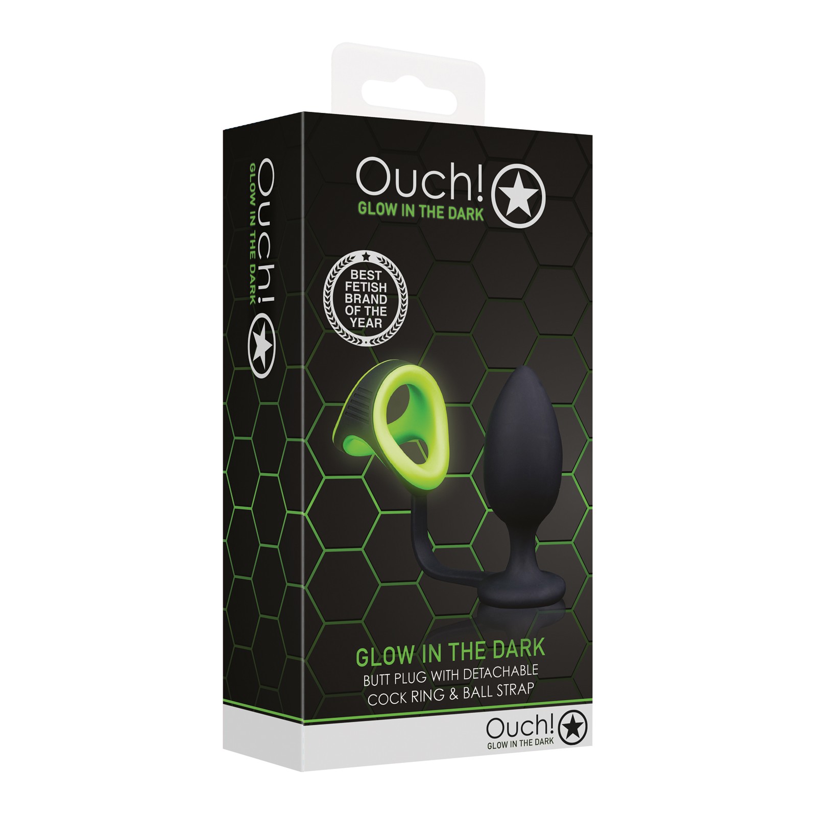 Shots Ouch Butt Plug Cock Ring Ball Strap Glow in Dark