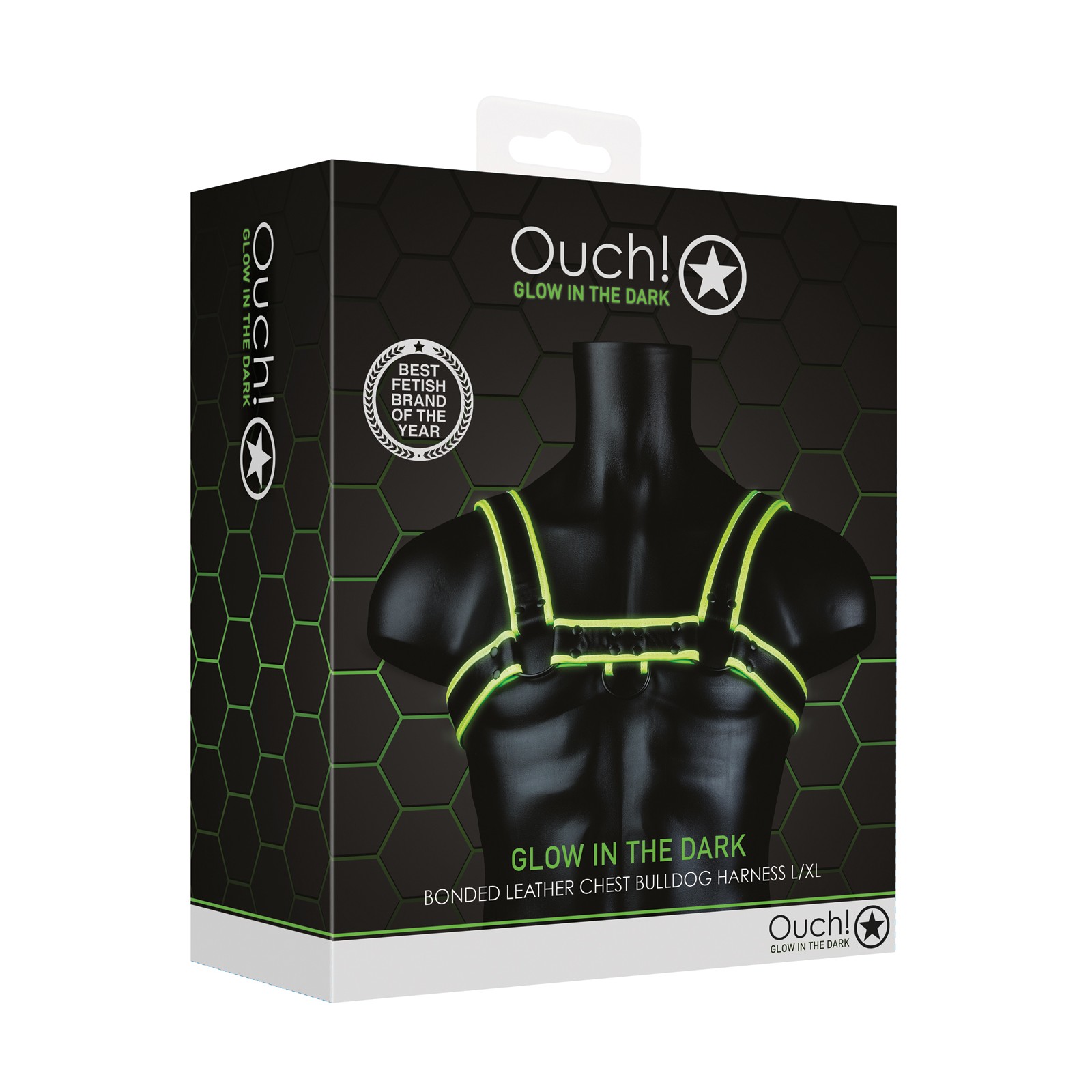 Shots Ouch Chest Bulldog Harness Glow in the Dark LXL