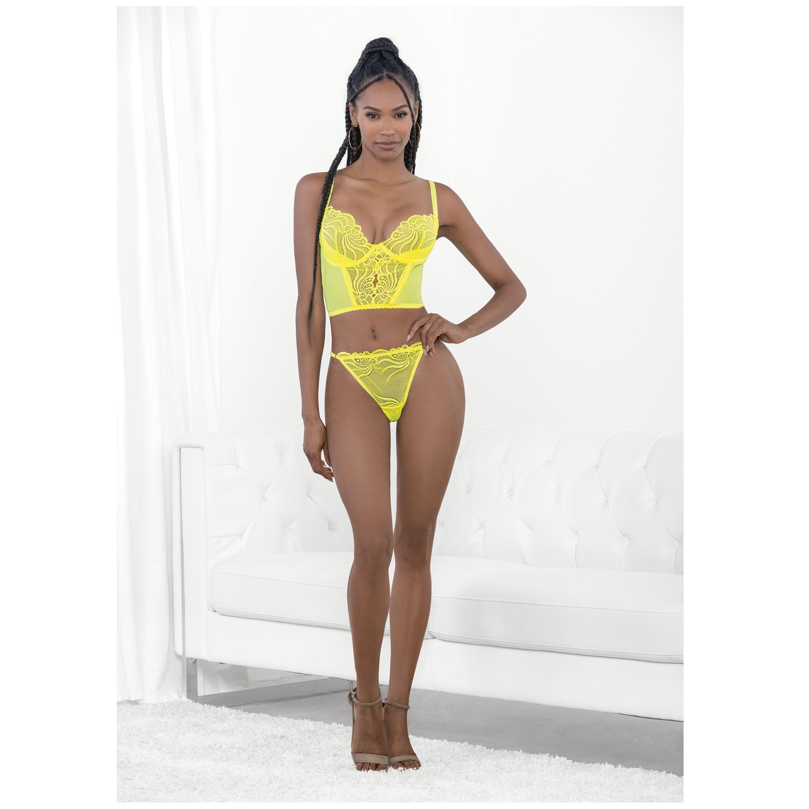 Neon Lace Corset Top with Ring Accent & Panty - Neon Lime