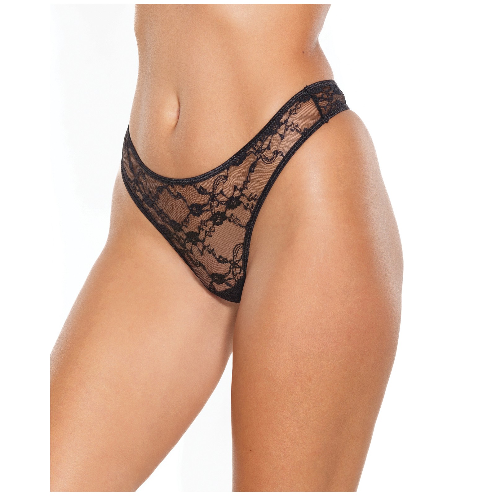 Stretch Lace High Leg Thong - Black O/S