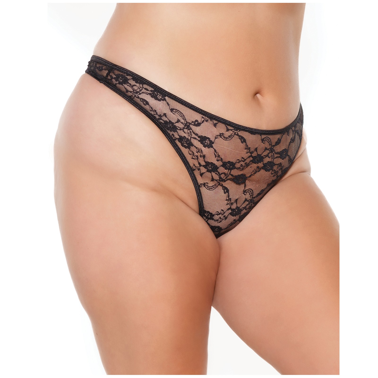 Stretch Lace High Leg Thong Black OS/XL